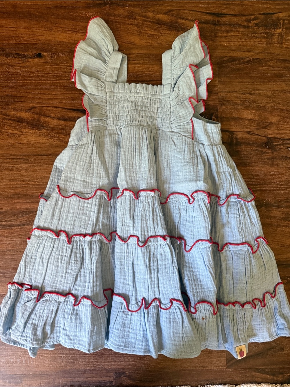cheeky plum Light Blue Tiered Ruffle Dress with red Trim